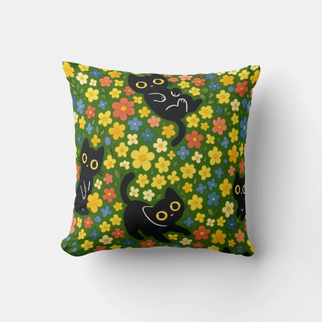 Cute Black Cats Floral Meadow Pattern Kissen (Vorderseite)