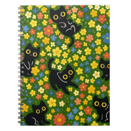 Cute Black Cats Floral Meadow Pattern Notizblock