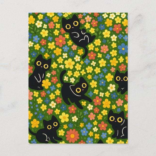 Cute Black Cats Floral Meadow Pattern Postkarte (Vorderseite)