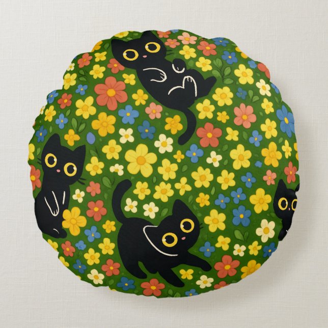 Cute Black Cats Floral Meadow Pattern Rundes Kissen (Vorderseite)