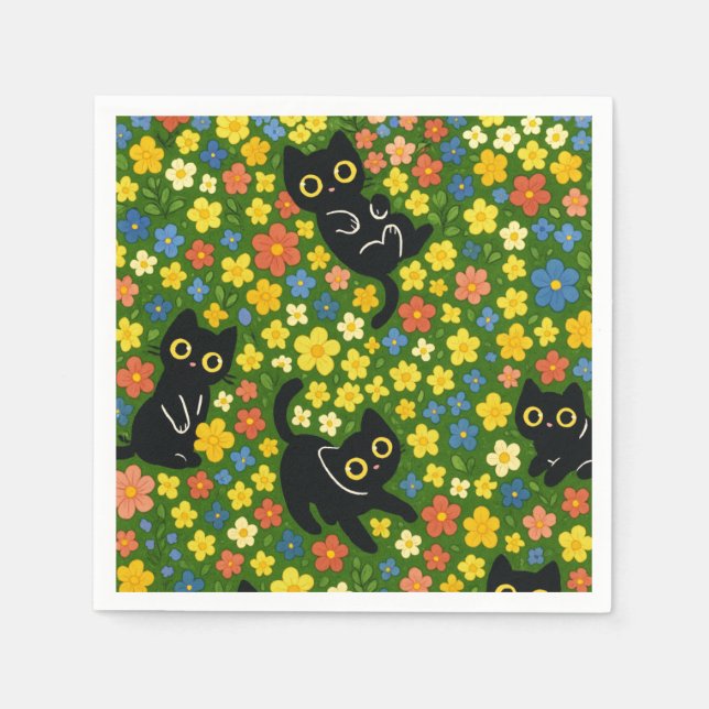 Cute Black Cats Floral Meadow Pattern Serviette (Vorderseite)