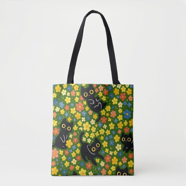 Cute Black Cats Floral Meadow Pattern Tasche (Vorderseite)
