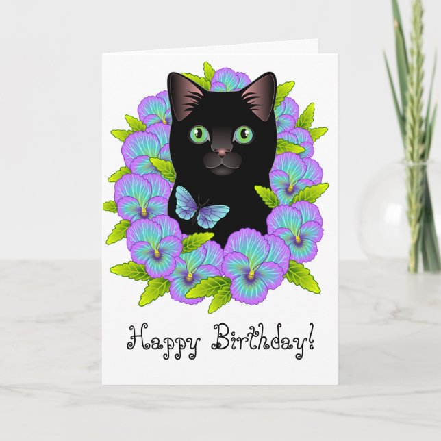 Cute Black Chat Floral Magic Bonne carte d'anniver (Devant)