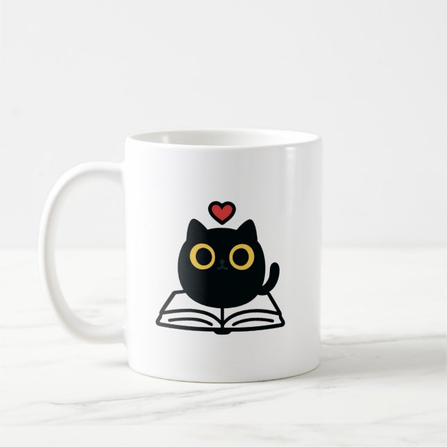 Cute Black Kawaii Cat Reading Book Cartoon Kaffeetasse (Links)