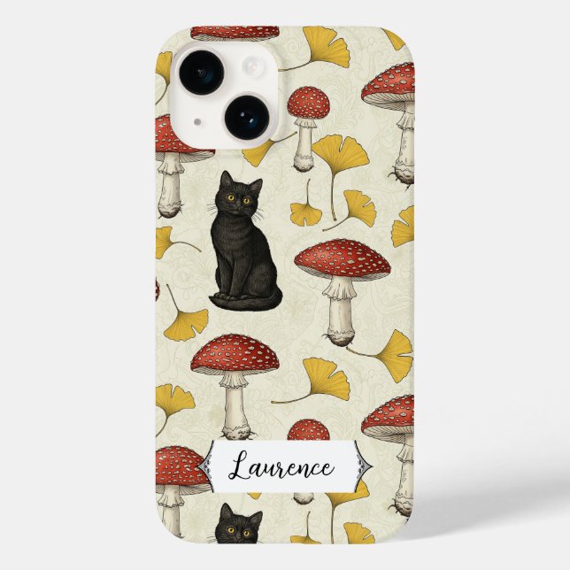 Cute Black Kitten with Mushrooms Personalized name Case-Mate iPhone 14 Hülle (Rückseite)