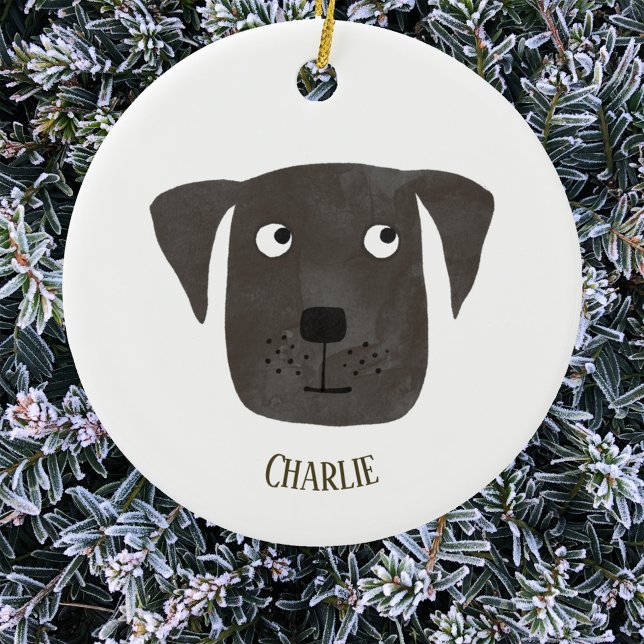 Cute Black Labrador Retriever Dog Keramik Ornament (Fun black labrador retriever dog personalized name Christmas ornament)