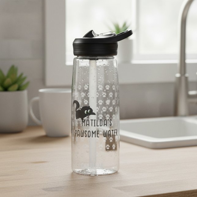 Cute Black Nom du chat Pawsome Bouteille d'eau (A pawsome water bottle for your pawsome water. Just add your name)