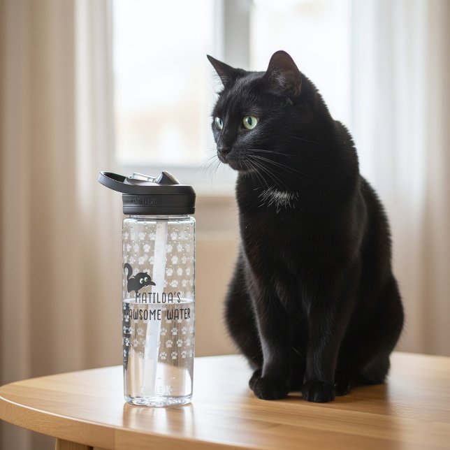 Cute Black Nom du chat Pawsome Bouteille d'eau (A pawsome water bottle for your pawsome water. Just add your name)