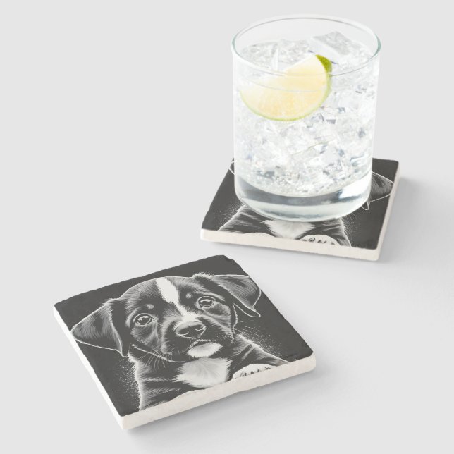 Cute Black & White Puppy – Dog Lover Coasters Steinuntersetzer (Seitenansicht)