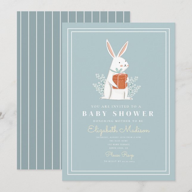 Cute Blanc Bunny Blue Baby shower Invitation (Devant / Derrière)
