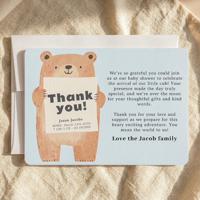 Cute Bleu Ours Bébé Merci Faire-part (Cute Blue Bear Baby Announcement Thank You.)