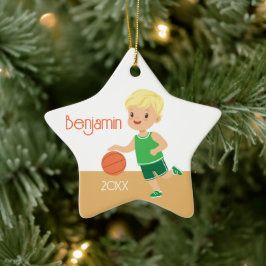 Cute Blonde Boy Basketball Personalized Christmas Keramik Ornament