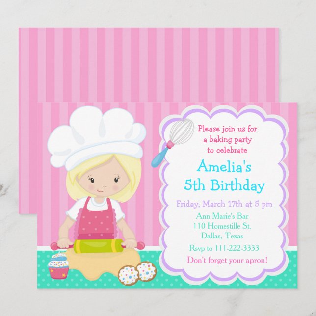 Cute Blonde Fille Baking Invitation de fête d'anni (Devant / Derrière)