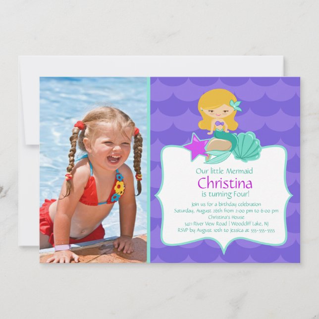 Cute Blonde Mermaid Photo Invitation d'anniversair (Devant)