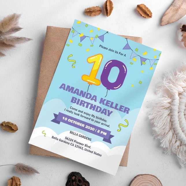 Cute Blue 10th Birthday Invitation (Créateur téléchargé)