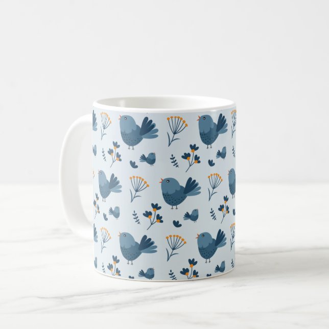 Cute Blue Bird and Berries illustrated Pattern Kaffeetasse (Vorderseite Links)