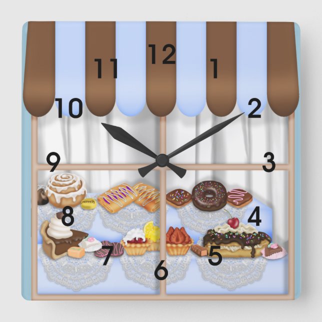 Cute Blue Brown Cupcake Sweet Bakery Quadratische Wanduhr (Vorderseite)