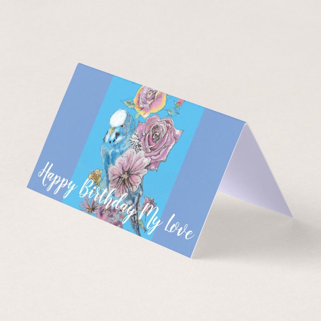 Cute Blue Budgie Rose Peinture Amour Carte d'anniv (Front)