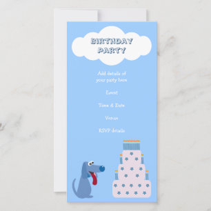 Cute Blue Cartoon Chien & Birthday Cake Invitation