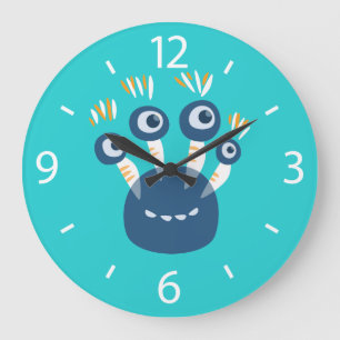 Cute Blue Cartoon Monster With Four Eyes Kids Große Wanduhr