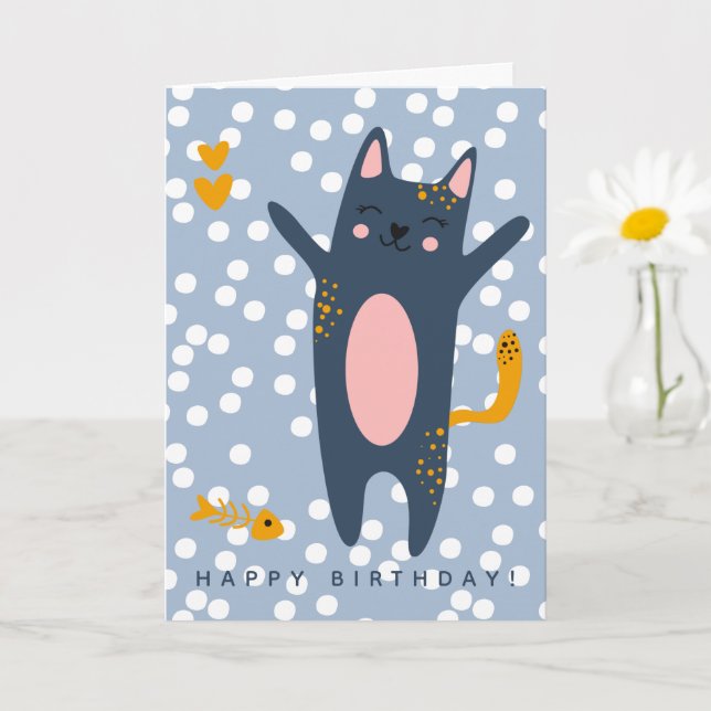 Cute Blue Cat Kids Birthday  Karte (Kleine Pflanze)
