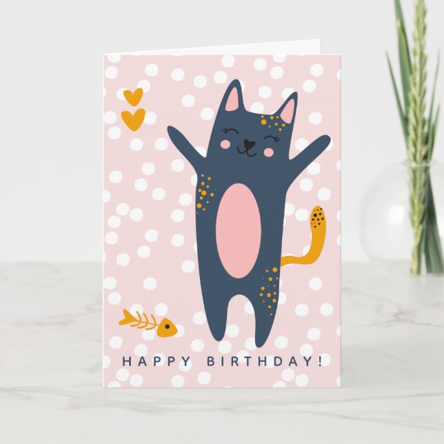 Cute Blue Cat Pink Kids Birthday  Karte (Vorderseite)