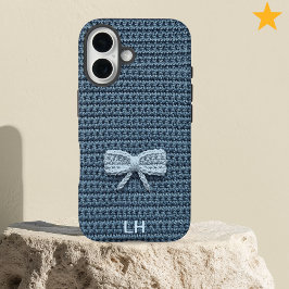 Cute Blue Crochet Bow Yarn Custom Name iPhone 16 Hülle