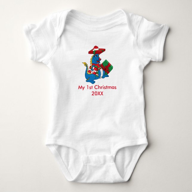 Cute blue dragon 1st Christmas Baby Creeper Baby Strampler (Vorderseite)