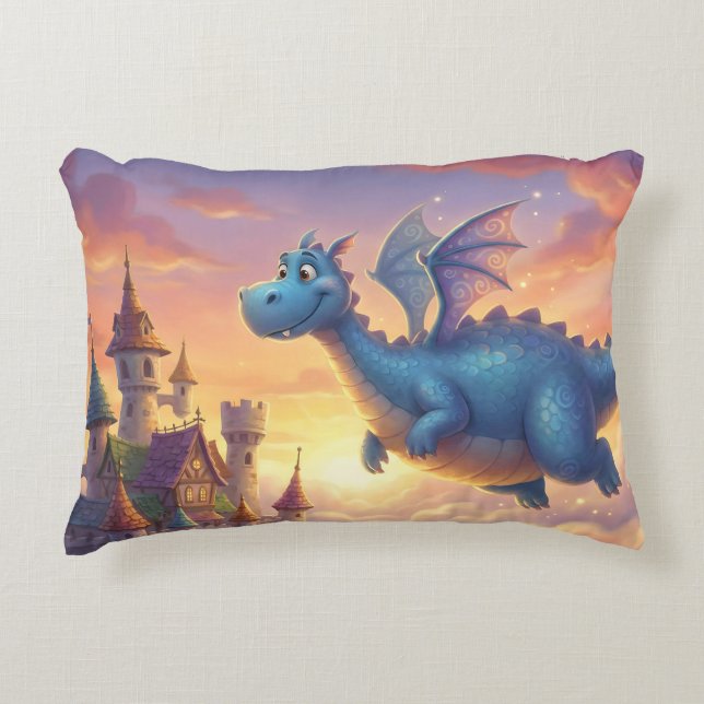 Cute Blue Dragon Flying Over Castle Dekokissen (Vorderseite)
