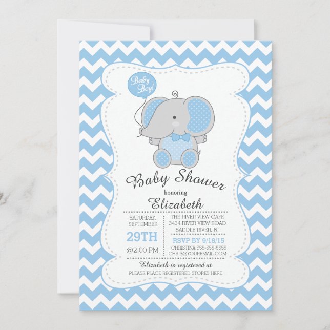 Cute Blue Elephant Boys Baby shower Invitation (Devant)