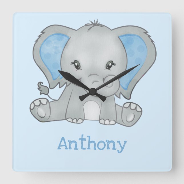 Cute Blue Elephant Name Baby Boy Nursery Quadratische Wanduhr (Vorderseite)