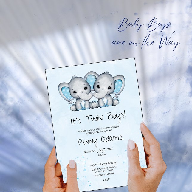 Cute Blue Elephant Twins Baby Shower Invitation (Créateur téléchargé)