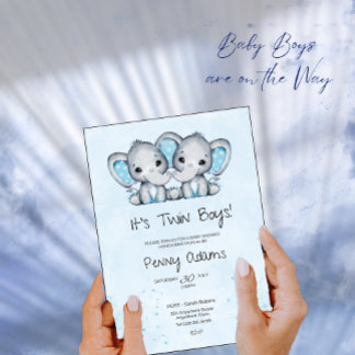 Cute Blue Elephant Twins Baby Shower Invitation Dankeskarte