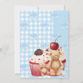 Cute Blue Gingham Teddy Bear & Ribbon  Einladung