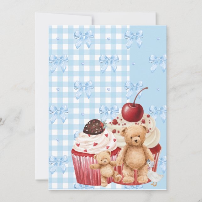 Cute Blue Gingham Teddy Bear & Ribbon  Einladung (Vorderseite)