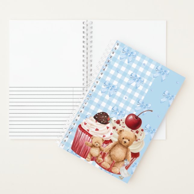 Cute Blue Gingham Teddy Bear & Ribbon  Notizbuch (Innen)