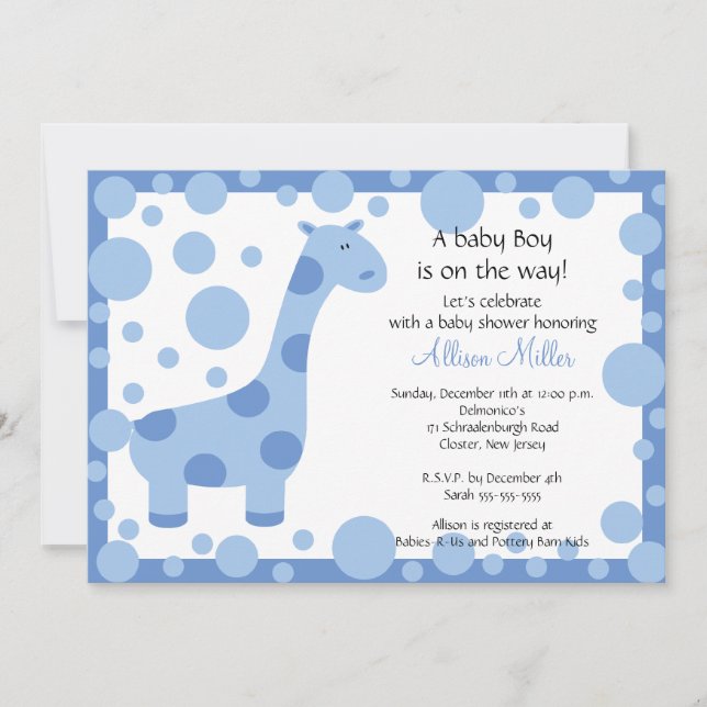 Cute Blue Giraffe Boy Baby shower Invitation (Devant)