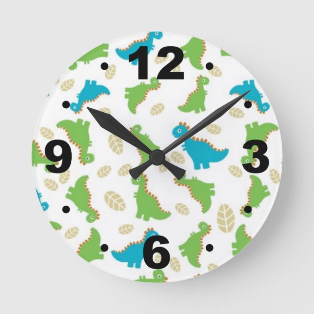 Cute Blue Green Dinosaurs Kids Clock Runde Wanduhr (Vorderseite)