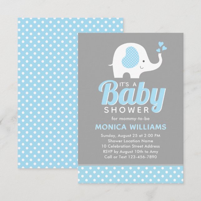 Cute Blue Grey Boy Baby shower Invitation Elephant (Devant / Derrière)