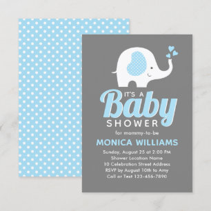 Cute Blue Grey Boy Elephant Baby shower Invitation