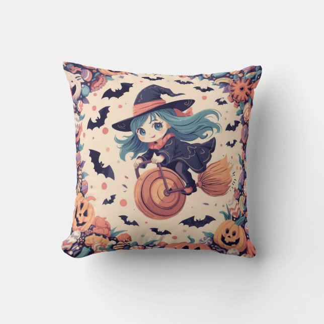 Cute Blue-Haired Witch Halloween Pillow Kissen (Vorderseite)