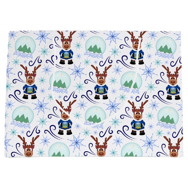 Cute Blue Kids Christmas Reindeer Große Geschenktüte (Vorderseite)