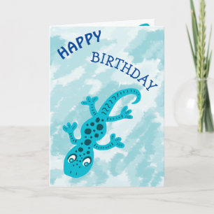 Cute Blue Lizard Gecko on Blue Happy Birthday Karte