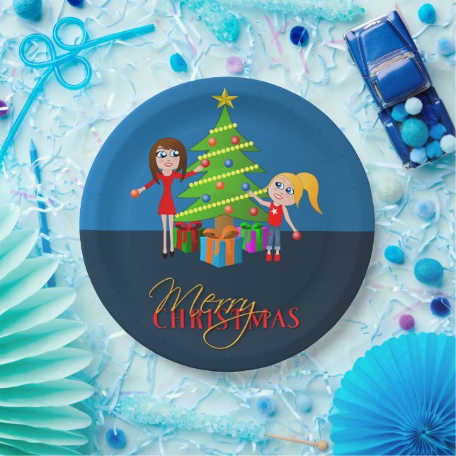 Cute Blue Merry Christmas Xmas Tree Pappteller (Party)