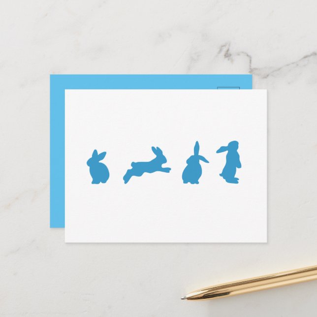 Cute Blue on White Rabbits Postcard Postkarte (Vorderseite/Rückseite Beispiel)