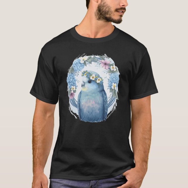 Cute Blue Parakeet Budgie Bird Flower Crown Pet Bi T-Shirt (Vorderseite)