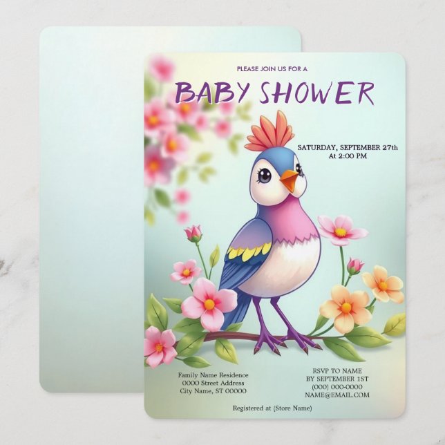 Cute Blue Pink Bird Floral Baby Shower Invitation (Devant / Derrière)