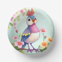 Cute Blue Pink Bird Floral Paper Bowl