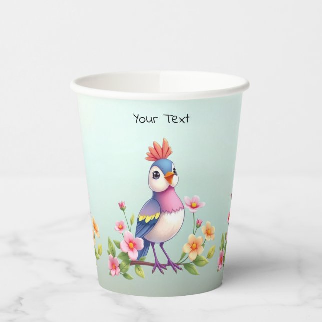 Cute Blue Pink Bird Floral Paper Cups Pappbecher (Links)