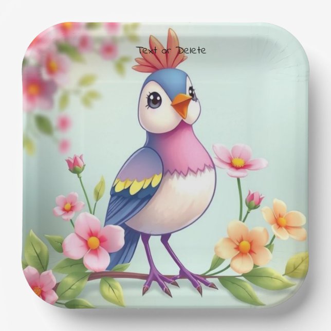 Cute Blue Pink Bird Floral Paper Plate Pappteller (Vorderseite)
